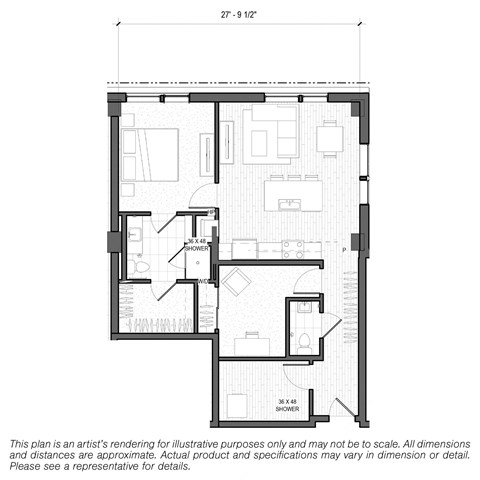 Floor plan for 1 bed, 1.5 baths, 985 sqft